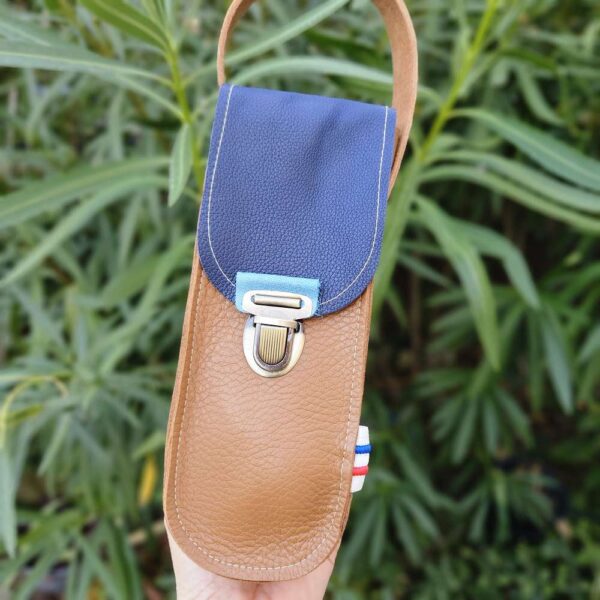 sacoche étui en cuir pour boules de pétanque triplette lcdjeanne camel et turquoise