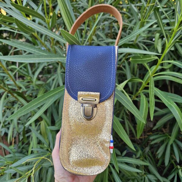 sacoche étui en cuir pour boules de pétanque triplette lcdjeanne bleu marine et or