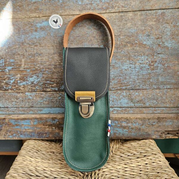 sacoche personnalisable de pétanque lcdjeanne, couillandre en cuir vert noir jaune