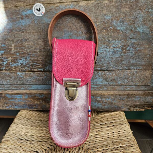 sacoche personnalisable de pétanque lcdjeanne, couillandre en cuir rose brillant et fushia
